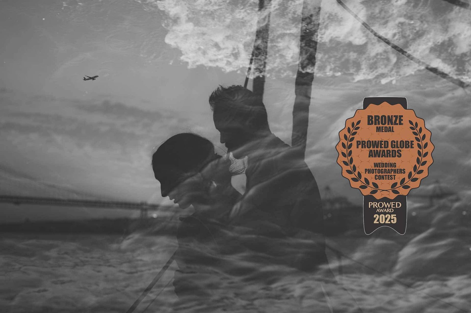 Black and white wedding portrait photographed by KrystaPhotos awarded Bronze Medal at the Prowed Globe Awards wedding photography contest