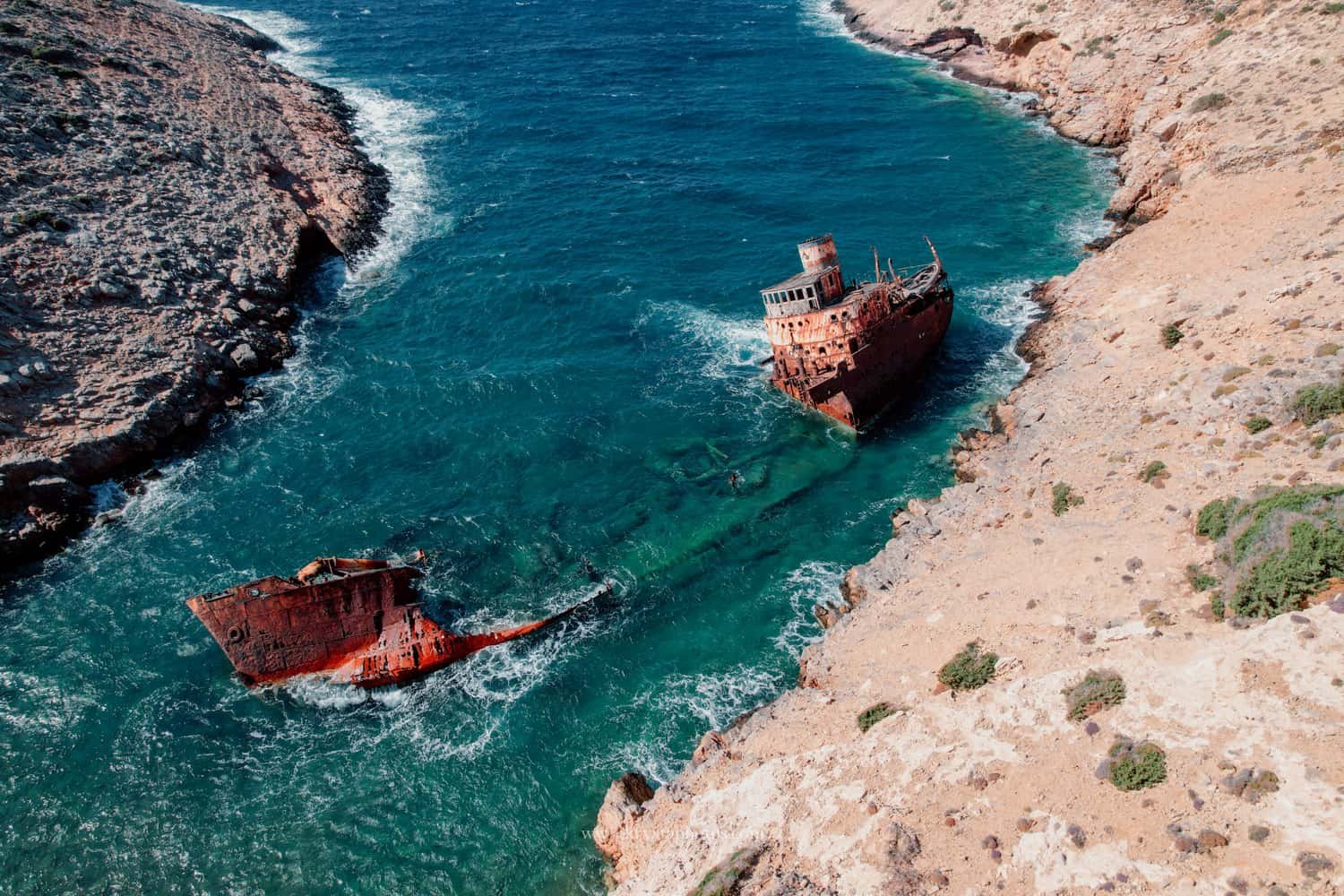 Drone view of the Olympia shipwreck in a secluded cove on Amorgos Island, Greece