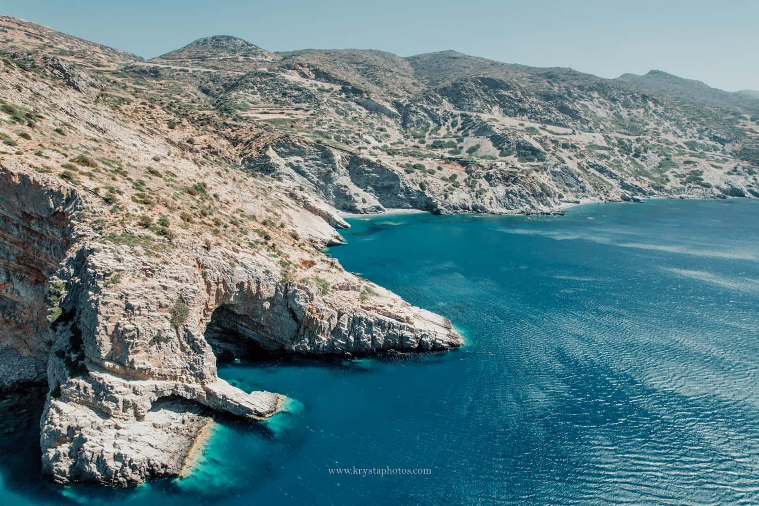 Drone view of the Olympia shipwreck in a secluded cove on Amorgos Island, Greece