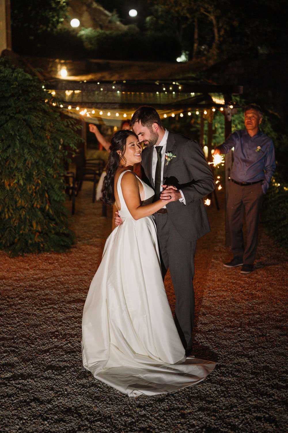 Bride and groom sharing their first dance during an intimate wedding dinner in the Douro Valley