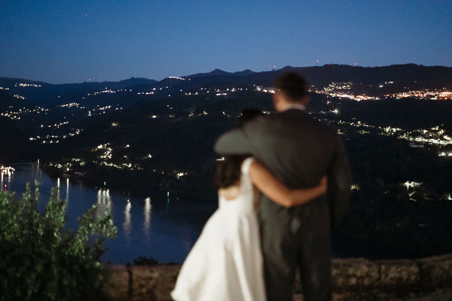 Evening light fading over the Douro Valley vineyards and river in Northern Portugal