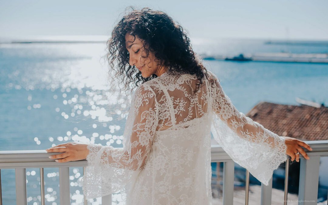 Bride getting married in Greece overlooking the Aegean Sea