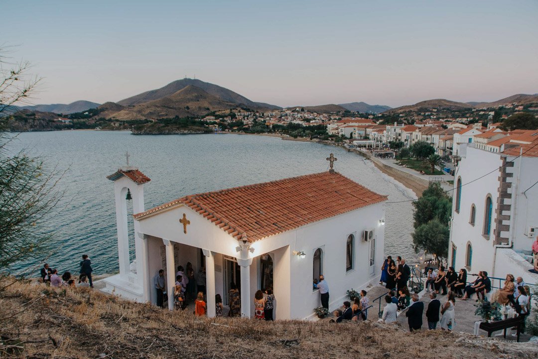 Greek island chapel wedding ceremony in Limnos with stunning sea views