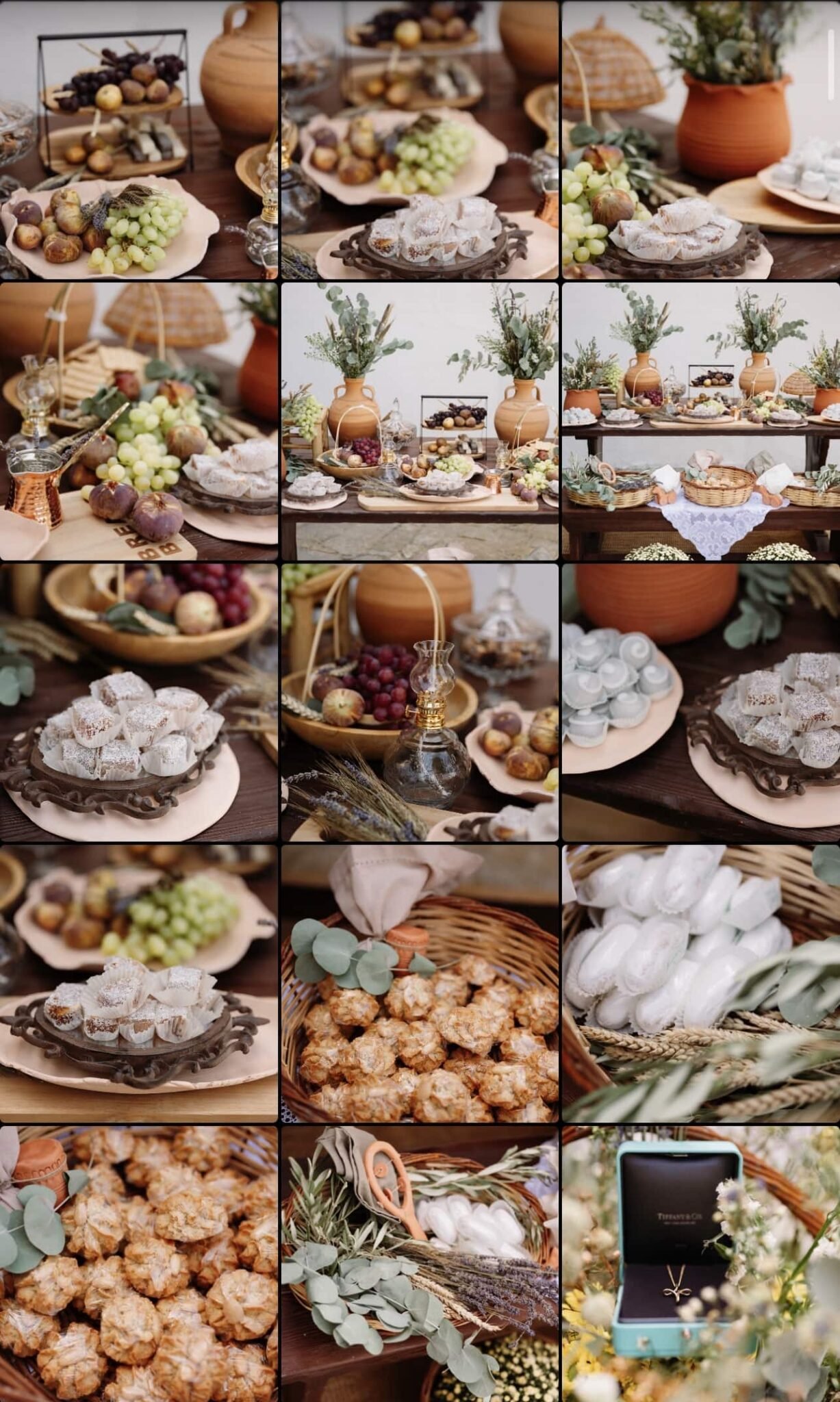 Grid of styled table details in terracotta, wheat, eucalyptus, figs and grapes from an ancient Greece aesthetic celebration in Limnos, Greece