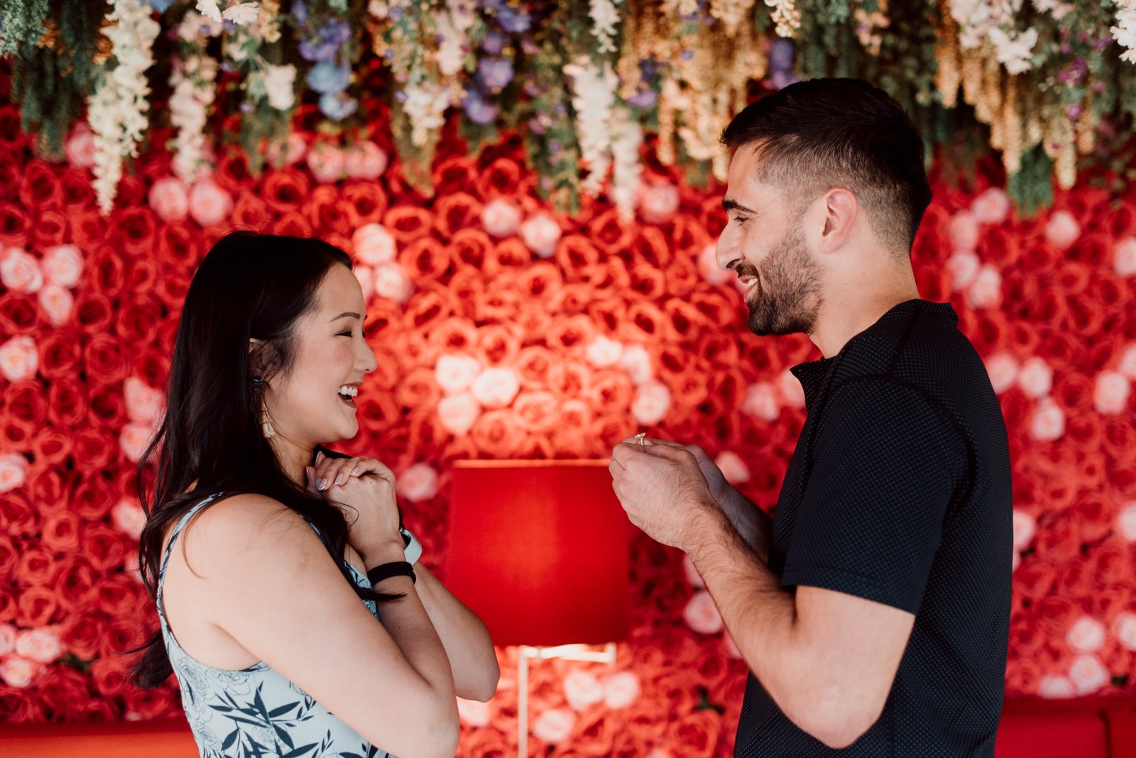 couple engagement photos at Torel Avantgarde flower room Porto with romantic floral decor