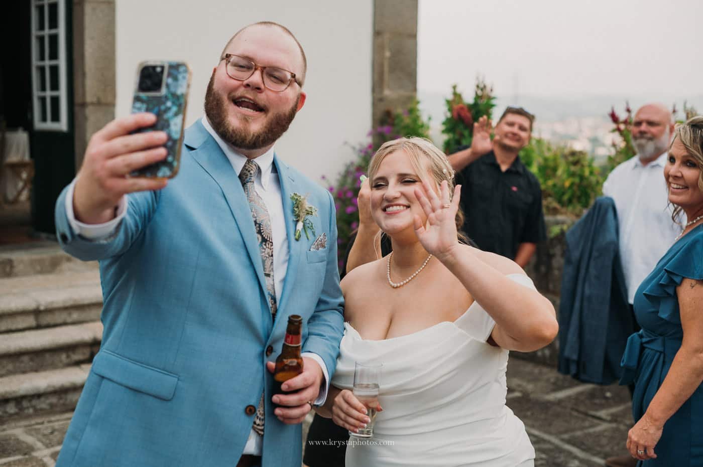 wedding guests enjoying cocktail hour during an intimate vineyard wedding in the Douro Valley Portugal
