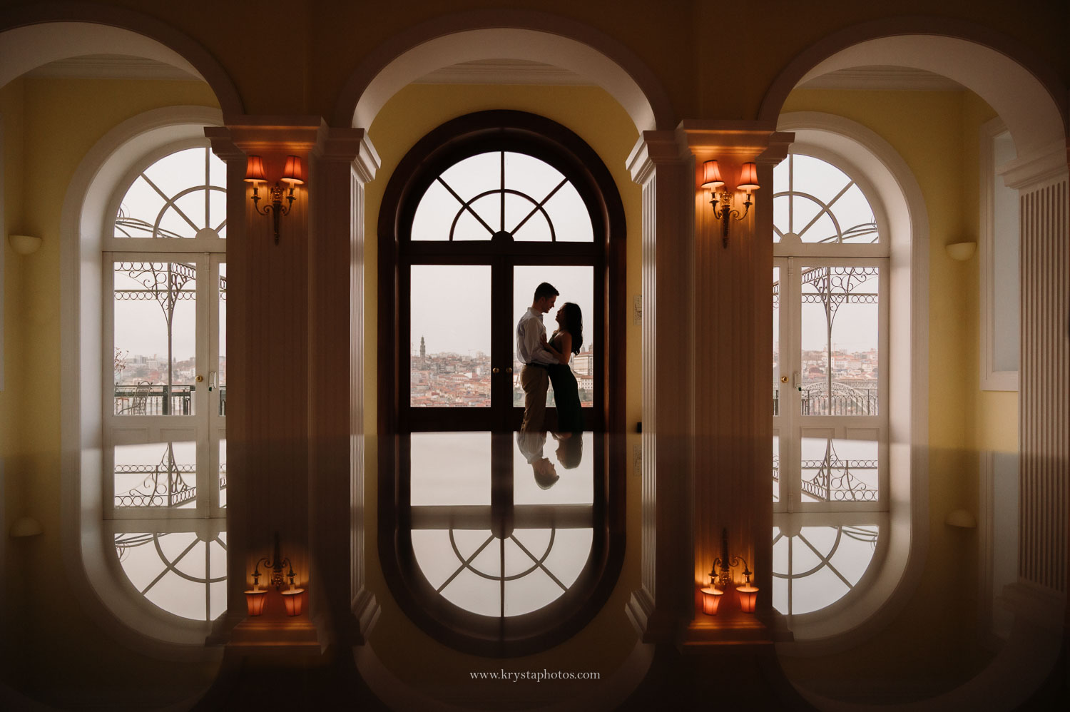 couple silhouette inside the yeatman porto luxury wedding venue overlooking douro river