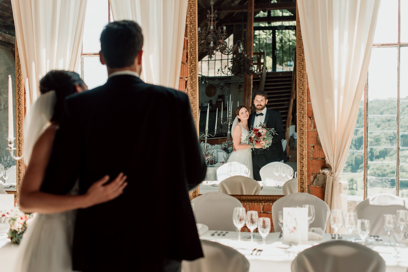 bride walking down the aisle with her father during a vineyard wedding in the Douro Valley Portugal