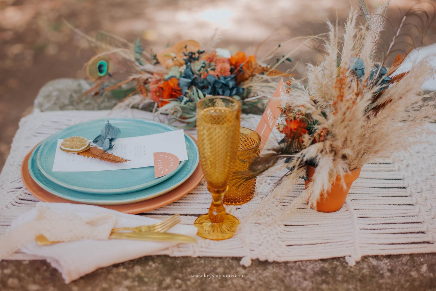 Boho chic wedding stationery and table setting from creative wedding editorial photographed in Portugal