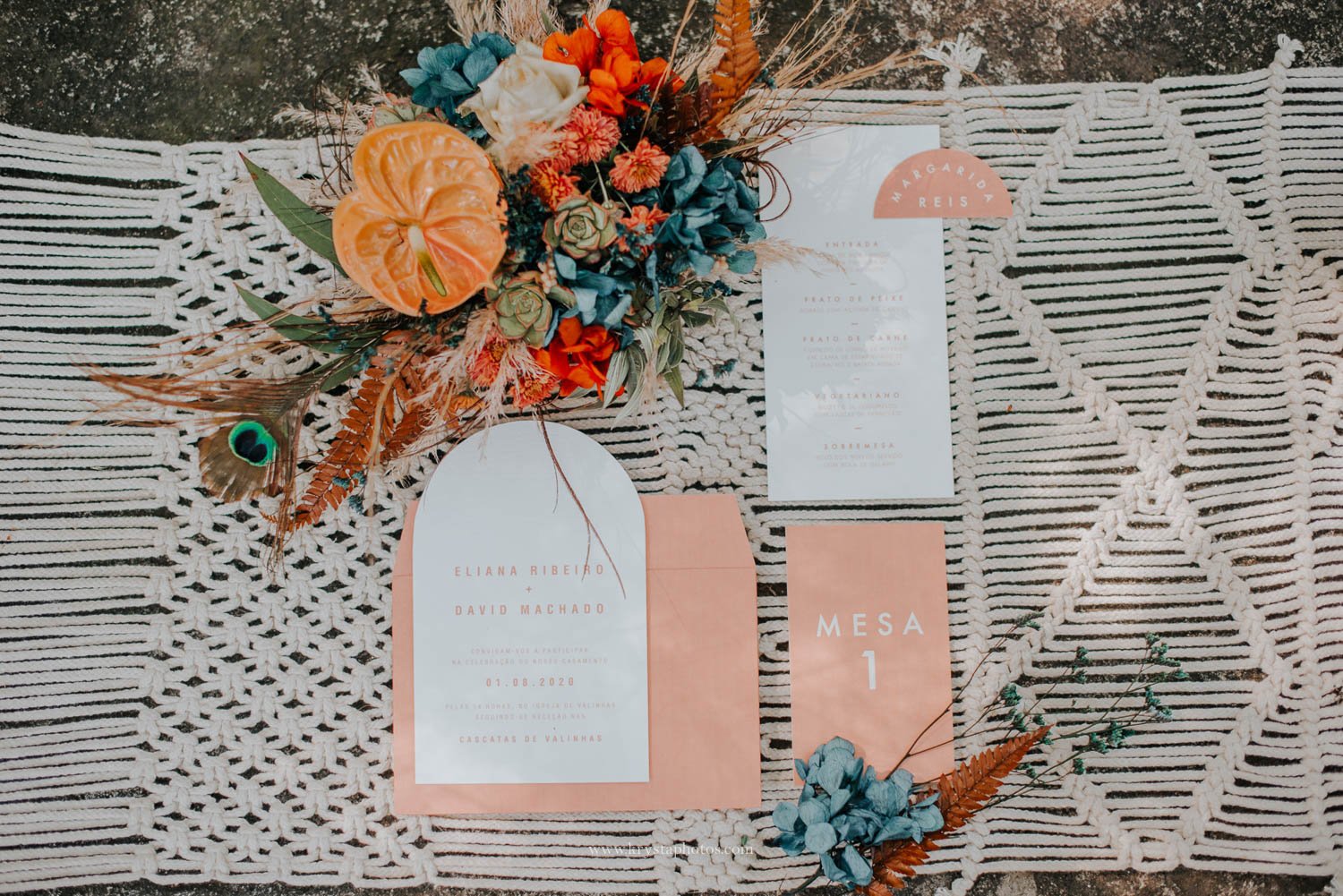 Boho chic wedding stationery and table setting from creative wedding editorial photographed in Portugal