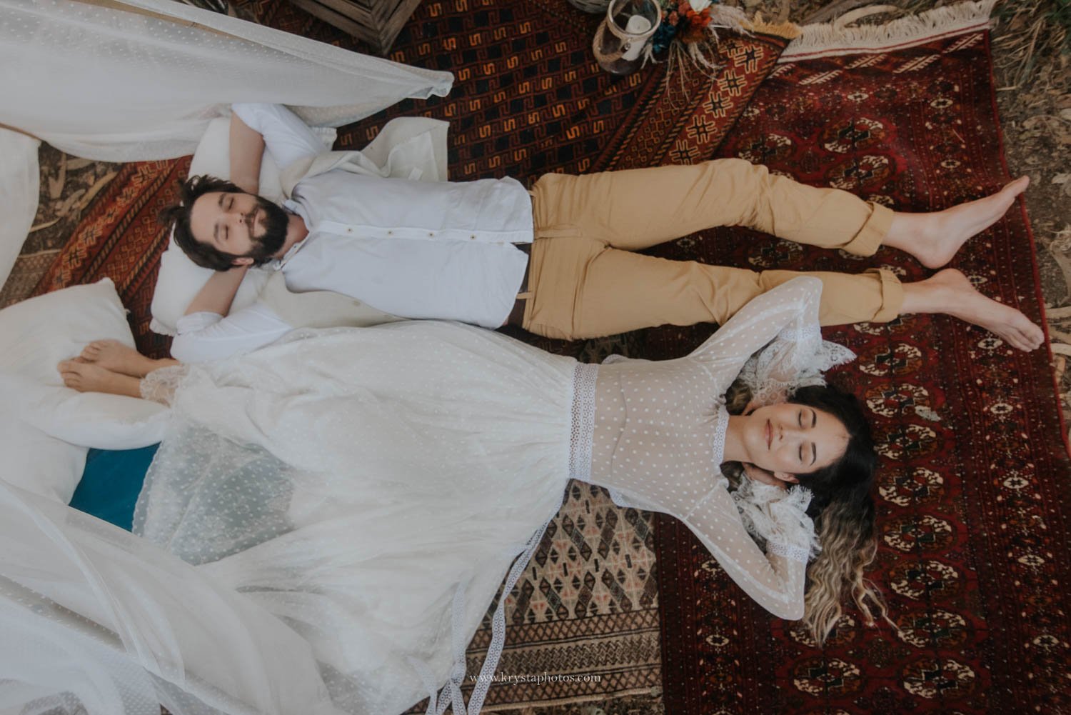 Boho chic wedding editorial couple portrait at sunset with natural light, photographed by Portugal wedding photographer, featured in magazine