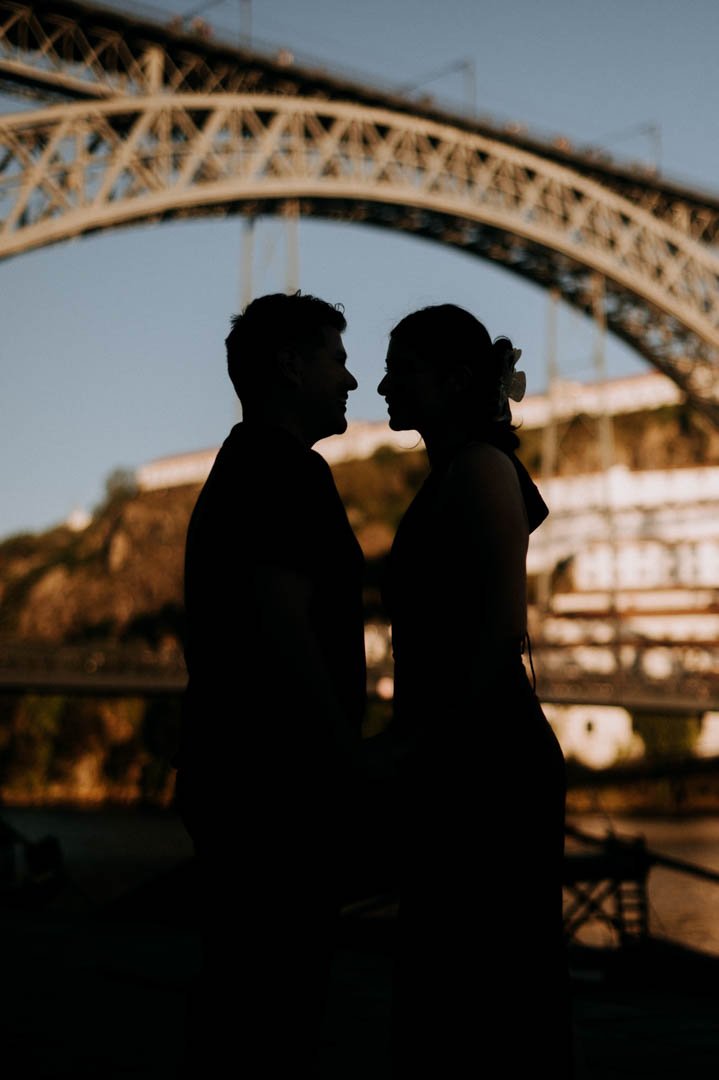 View of Porto skyline and Dom Luís I Bridge from The Yeatman Porto during a marriage proposal photo session