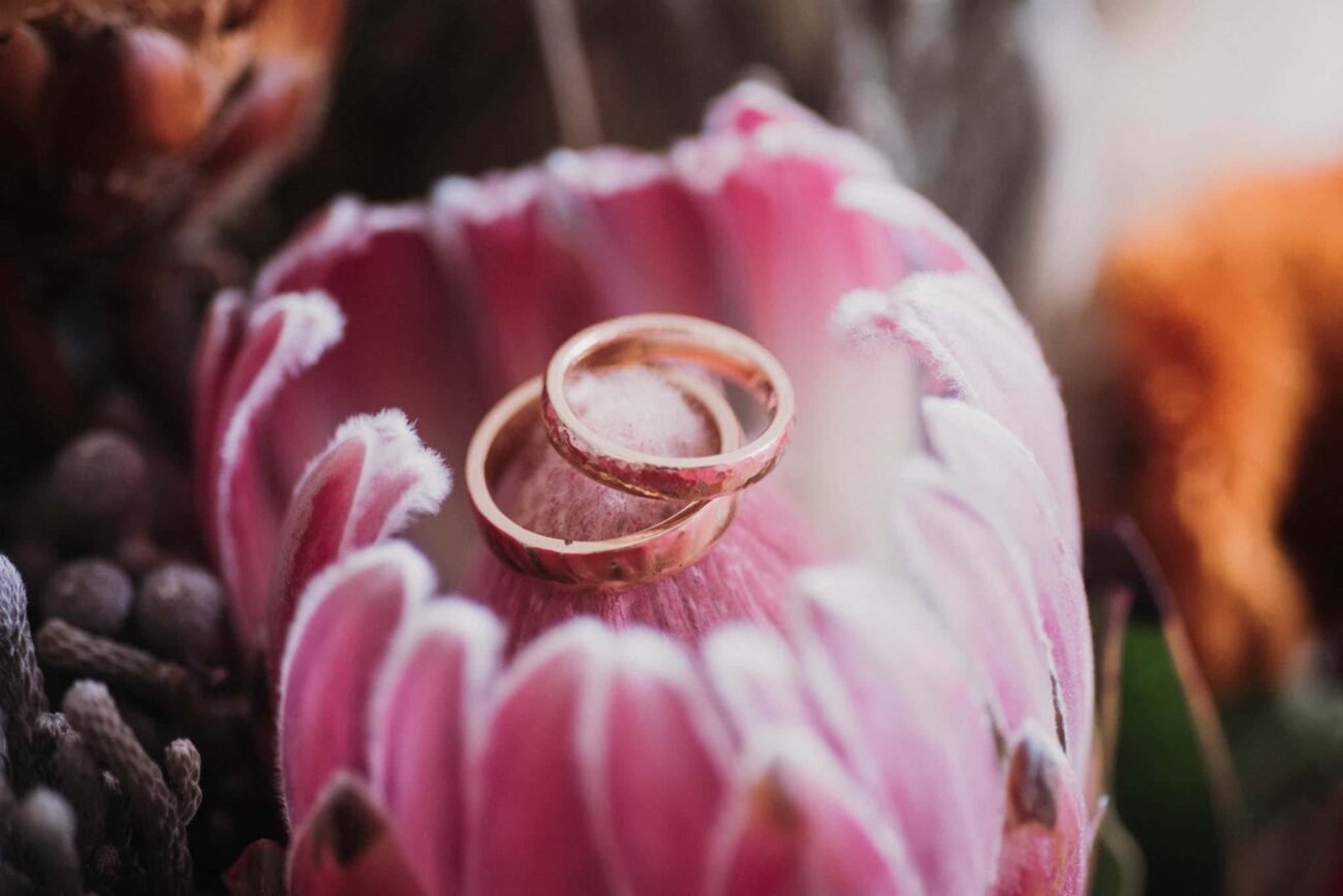 Wedding rings on flower detail photographed by Portugal wedding photographer in Porto and the Douro Valley