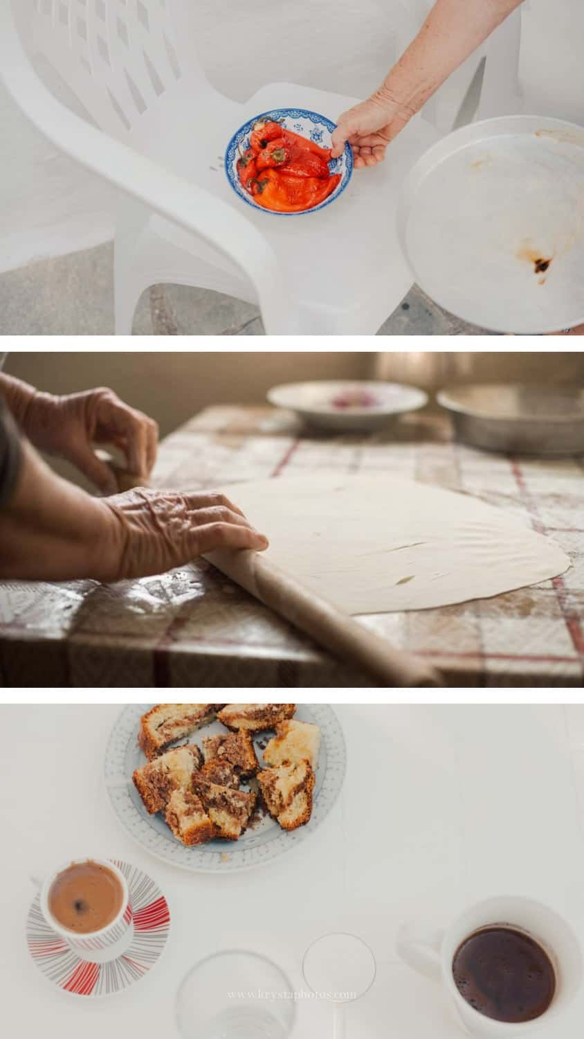 Couple kissing at sunset overlooking the whitewashed village of Myrina, Greece during a romantic engagement session