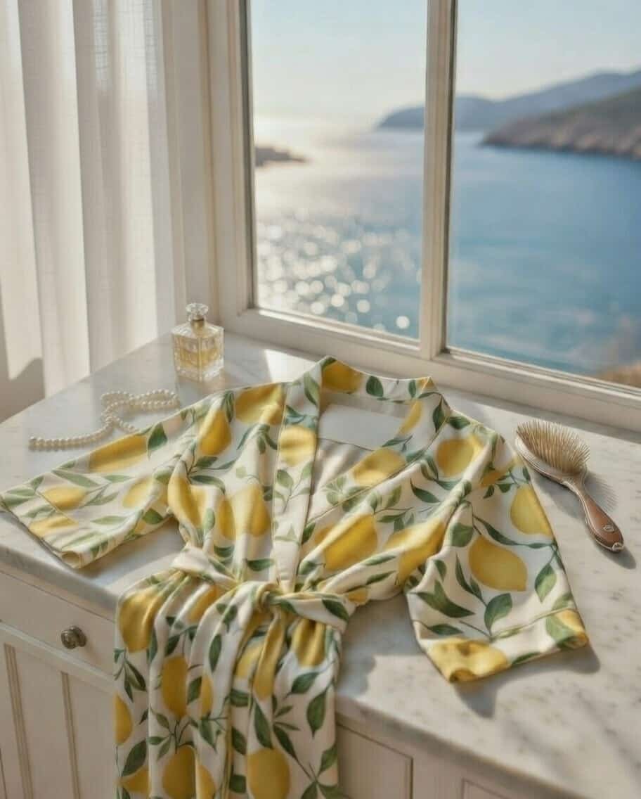 Lemon print bridal prep robe for bride preparation outfit ideas