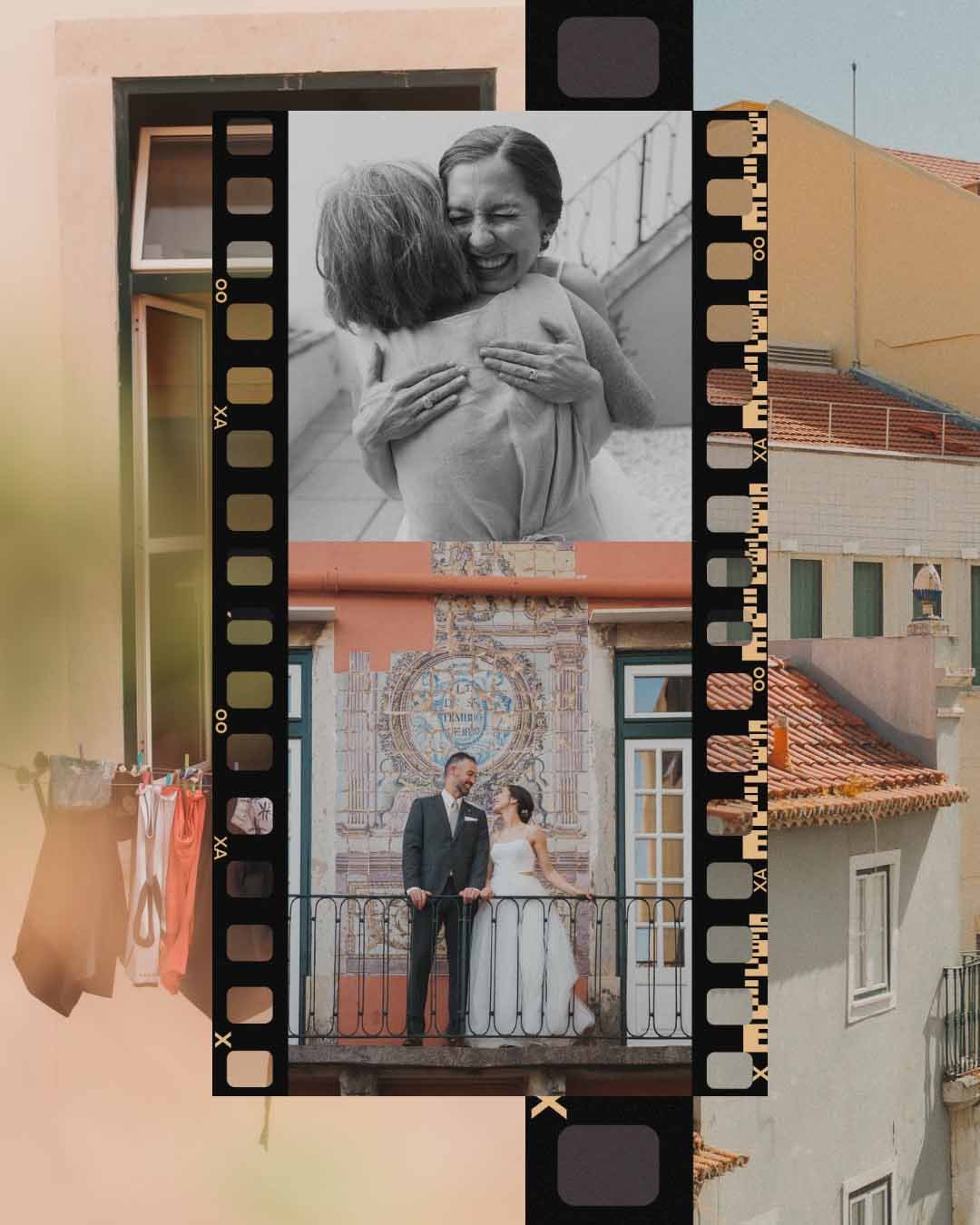 Collage of highlights from an intimate Lisbon micro-wedding including the terrace ceremony, pastel Alfama rooftops, Portuguese pastries, and a sunset sail on the Tagus River.